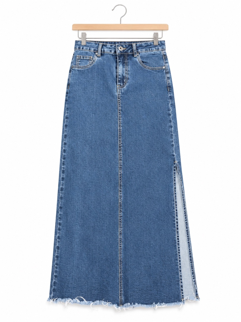 Classic Blue Denim Maxi Skirt with Side Slit